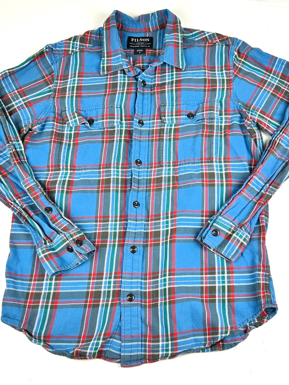 Filson Shirt Mens Medium Blue Plaid Button Up Long Sleeve Cotton Outdoor Casual